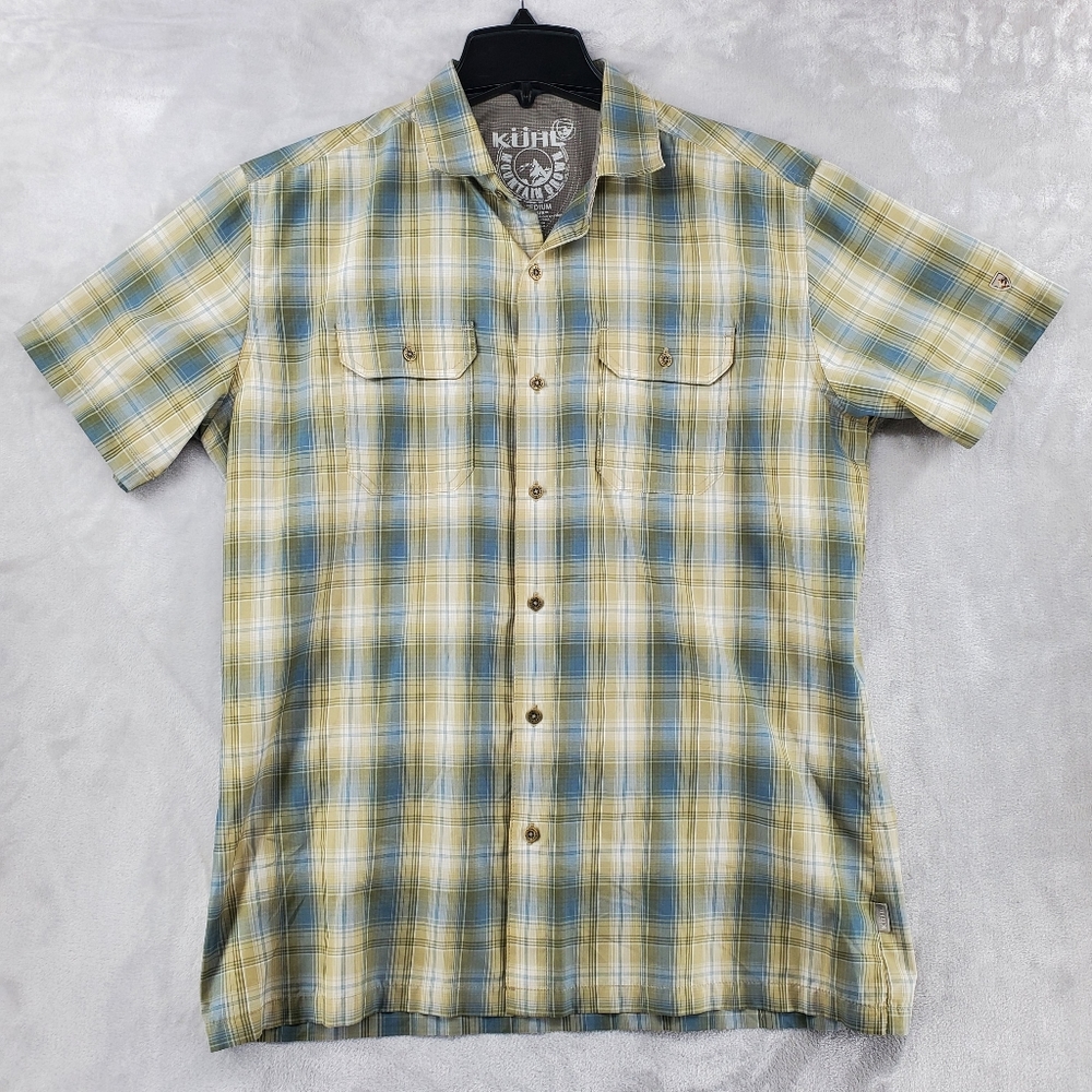 KUHL Eluxur Mens‎ Medium Button Up Short Sleeve Green Plaid Polyester